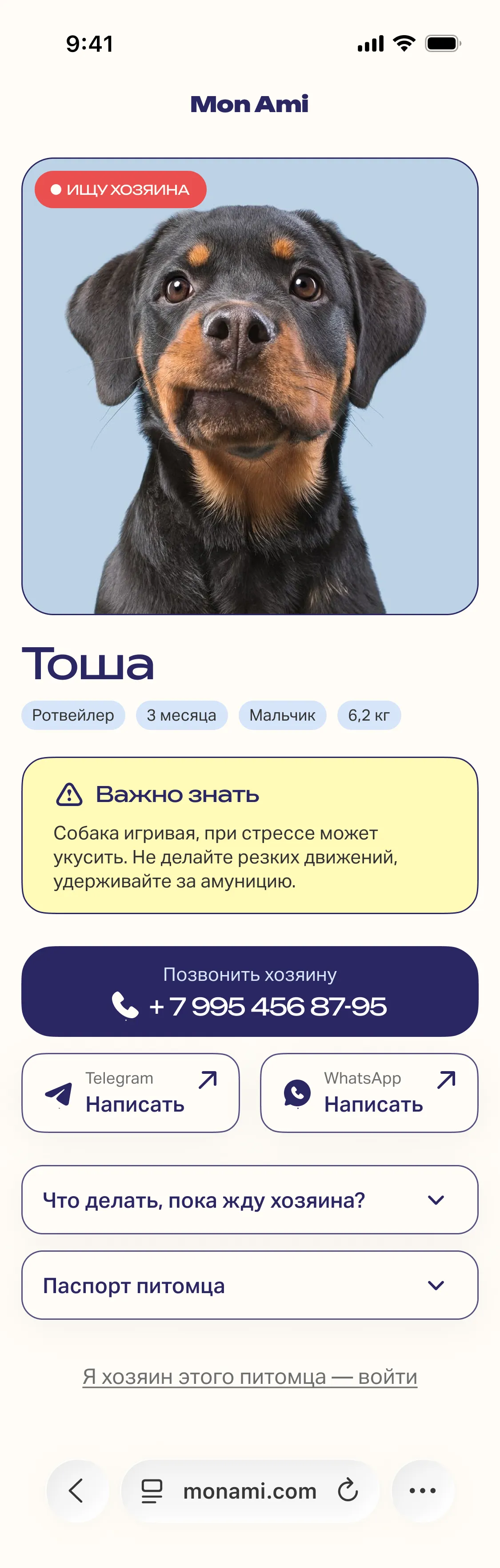 Публичная страница питомца с отметкой о пропаже: контакты владельца и место, где собаку видели последний раз.